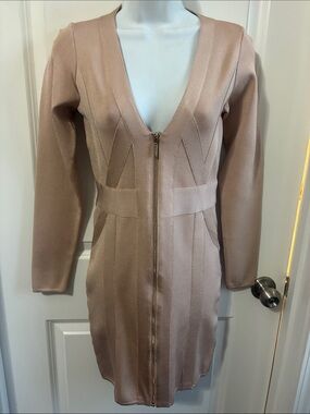 Sexy Deep V-Neck Long Sleeve Zip Front Dress in Blush- Guess Sz Med
